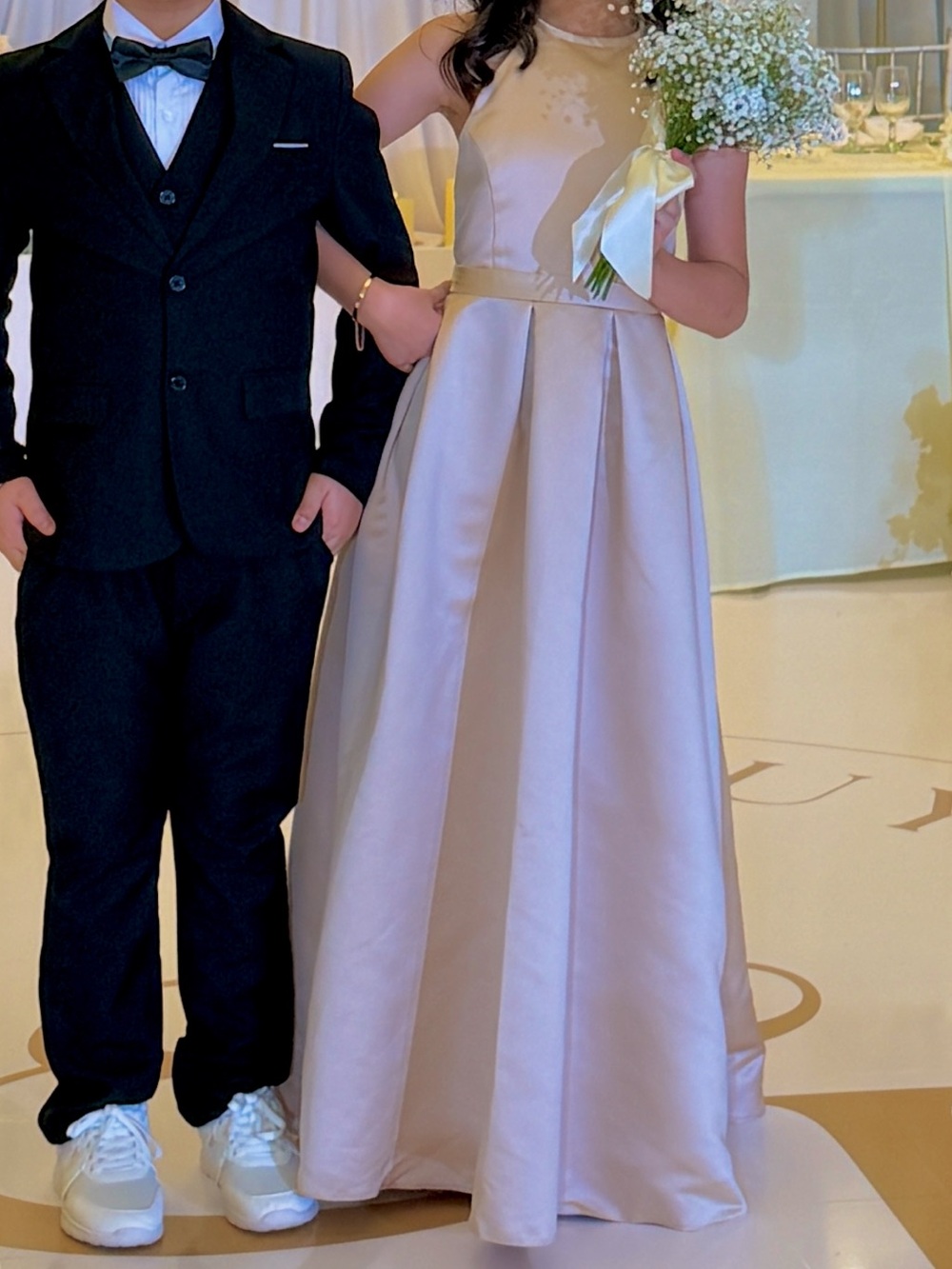 Girls Flower Girl Bridesmaid Sleeveless Satin Dress in Champagne